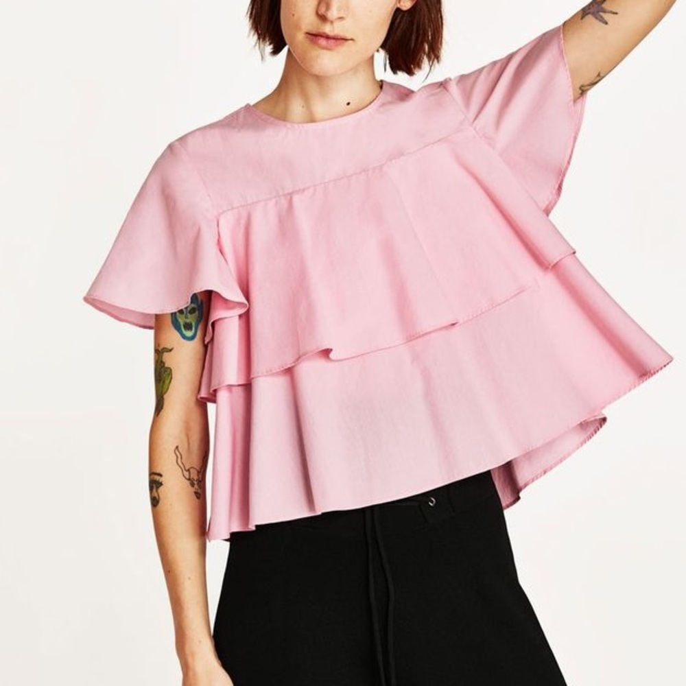 Zara baby pink blouse with double ruffle